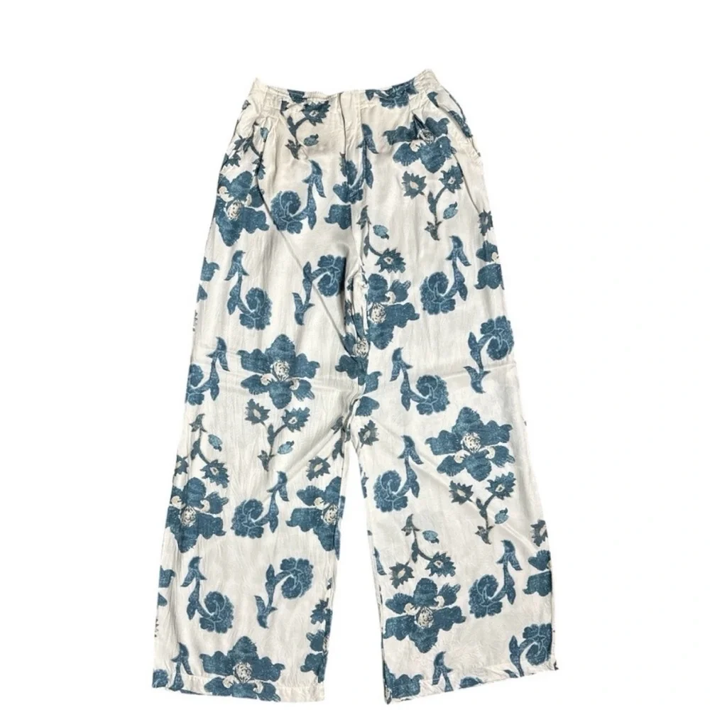 ANTHROPOLOGIE BLOCK PRINT GREEN AND WHITE SILKY TROUSERS SIZE MEDIUM TALL - Picture 8 of 12